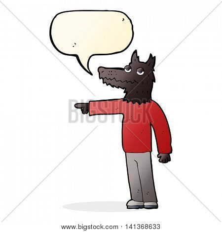 cartoon wolf man pointing with speech bubble