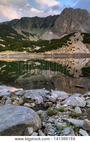 Sunset view of Sinanitsa peak and lake, Pirin Mountain, Bulgaria