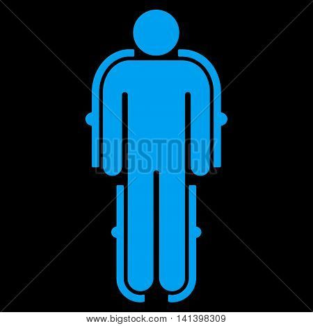 Exoskeleton vector icon. Style is flat symbol, blue color, rounded angles, black background.
