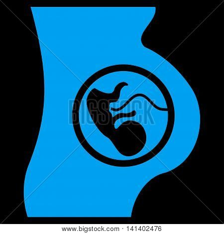 Pregnancy vector icon. Style is flat symbol, blue color, rounded angles, black background.