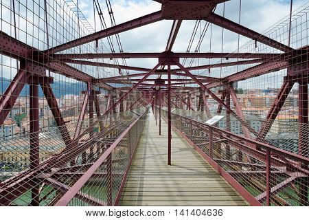 GETXO, near BILBAO. 27th July 2016. The walkway across the top of the transporter bridge in Bilbao makes a fascinating but slightly nerve-wracking viewpoint for the many tourists who visit each year.
