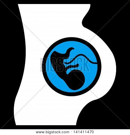 Pregnancy vector icon. Style is bicolor flat symbol, blue and white colors, rounded angles, black background.