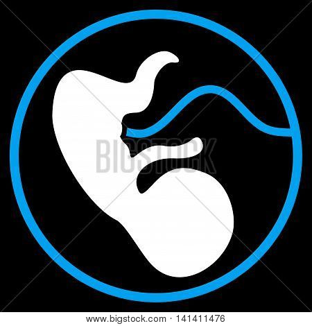 Pregnancy vector icon. Style is bicolor flat symbol, blue and white colors, rounded angles, black background.