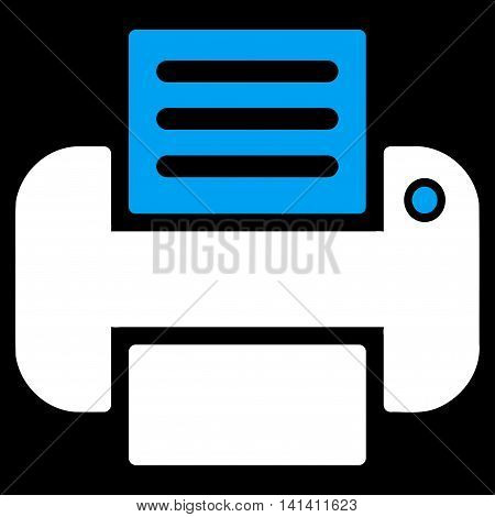 Print vector icon. Style is bicolor flat symbol, blue and white colors, rounded angles, black background.