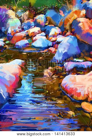 beautiful river amongst colorful stones, digital painting