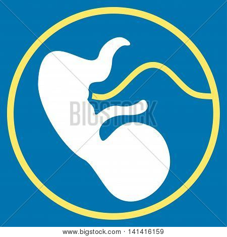 Pregnancy vector icon. Style is bicolor flat symbol, yellow and white colors, rounded angles, blue background.