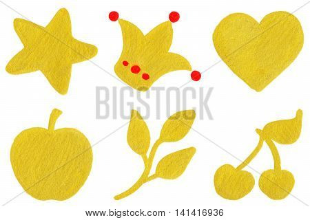 Golden yellow star crown heart apple branch cherry symbol set