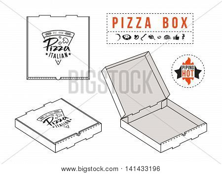 Stock vector design of boxes for pizza. Label and icons set