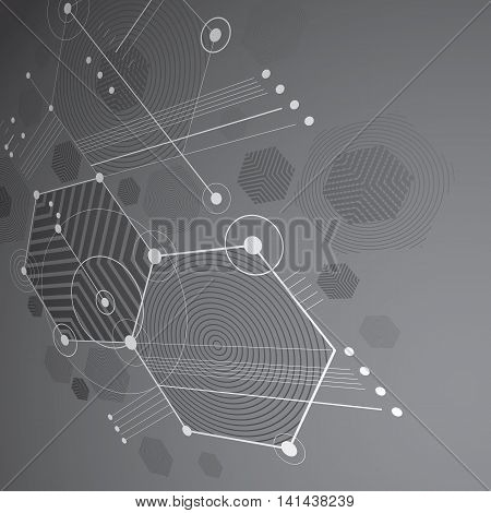 Bauhaus art dimensional composition perspective grayscale modular vector backdrop with honeycombs.