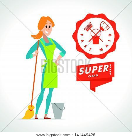 Flat friendly smiling person character portrait. Maid portrait isolated on white background. Cartoon style. Human profession icon. Awesome smiling young lady worker standing.