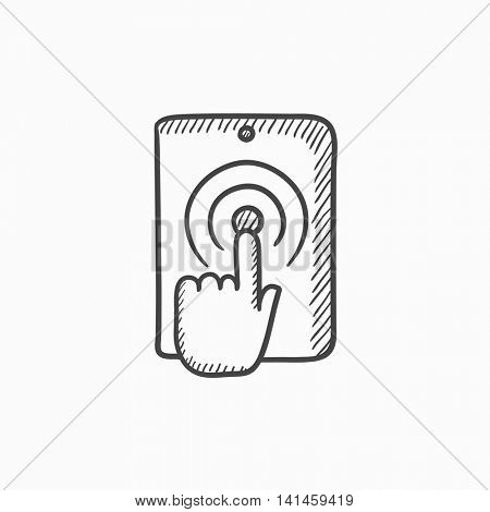 Finger touching digital tablet vector sketch icon isolated on background. Hand drawn Finger touching digital tablet icon. Finger touching digital tablet sketch icon for infographic, website or app.