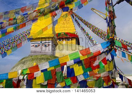 The Boudhanath Stupa in Kathmandu , Nepal , one CBE s largest outside of Tibet