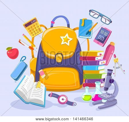 Vector colorful illustration of unisex yellow backpack pile of books phone microscope and other many school supplies on blue background. Bright design for web site advertising banner poster brochure board