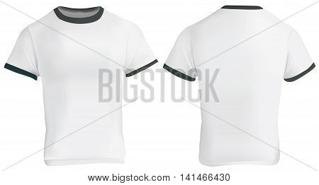 Vector illustration of blank men ringer t-shirt template white shirt with black collar and sleeve bands front and back design isolated on white
