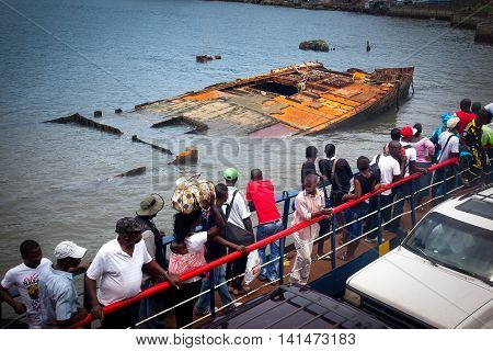 Freetown Sierra Leone - June 8 2013: Ferry to Freetown ship breakup