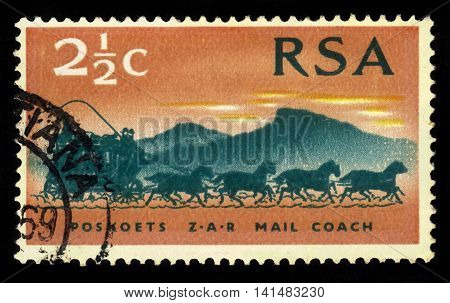South Africa - CIRCA 1969: a stamp printed in the South Africa shows mail coach from 1869, 100 years stamps of the South African Republic, circa 1969