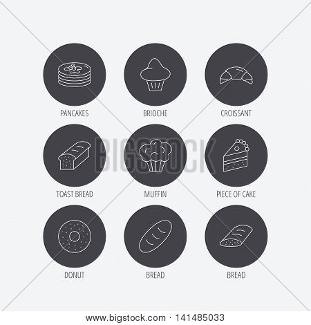 Croissant, cake and bread icons. Muffin, brioche and sweet donut linear signs. Pancakes with syrup flat line icons. Linear icons in circle buttons. Flat web symbols. Vector