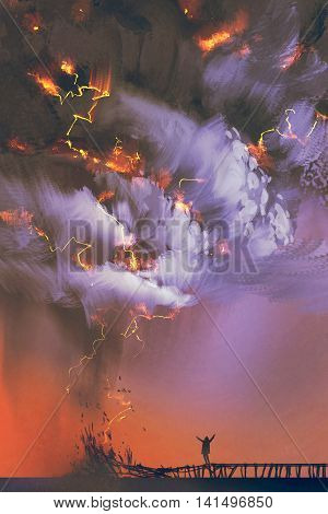 dramatic clouds and lightning storm with a man raising arms standing on pier, illustration painting