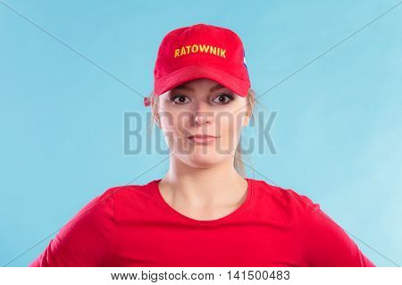 Portrait Of Lifeguard Woman In Red Cap.