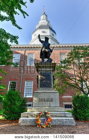 Annapolis, Maryland - June 26, 2016: Baron Johann DeKalb statue before the Maryland State Capital building in Annapolis Maryland on summer afternoon. It is the oldest state capitol in continuous legislative use dating to 1772.