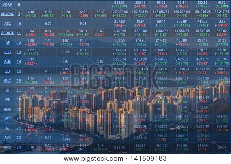 Double exposure of stocks market chart in blue on LED display concept with city scape hong kong background