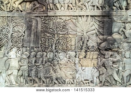 Bas-relief On The Wall, Angkor, Cambodia