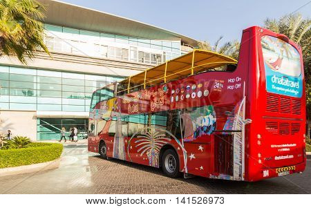 DUBAI UAE - JANUARY 26: Big Bus journey Dubai The Day Tour is a hop-on hop-off sightseeing tour of Dubai with a personal recorded commentary available in 12 languages. Dubai UAE circa January 2016