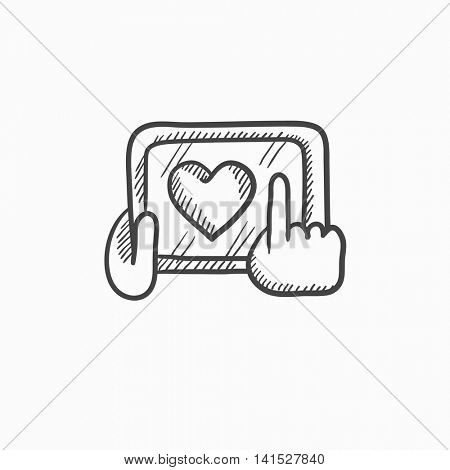 Hands holding tablet with heart sign vector sketch icon isolated on background. Hand drawn Hands holding tablet with heart sign icon. Hands holding tablet sketch icon for infographic, website or app.
