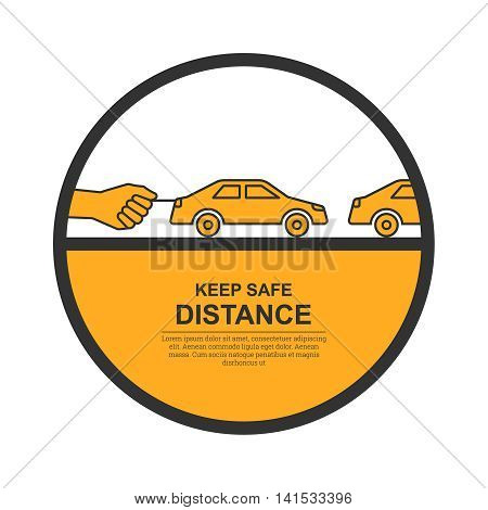 The hand constraining car speed symbolizes increase in distance between vehicles reduction of speed. The concept of safety and fail-safety on roads observance of traffic regulations. A vector illustration in flat style.