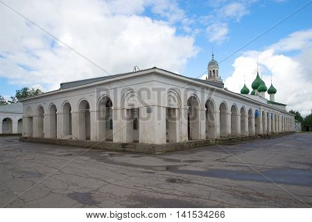 Ancient trading rows in a Market place, july morning. Poshekhon'ye, Yaroslavl region, Russia