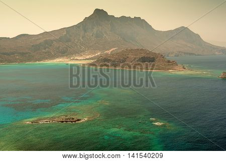 Crete, Greece: aerial view of Gramvousa island and Balos Lagoon