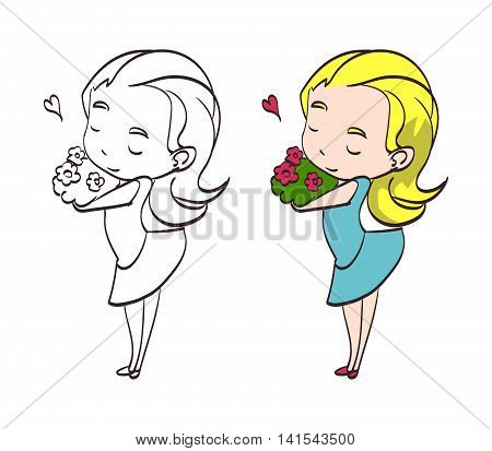 vector cute chibi girl with flowers and heart. For valentines card and other design. Lineart and colorful version, eps 10.
