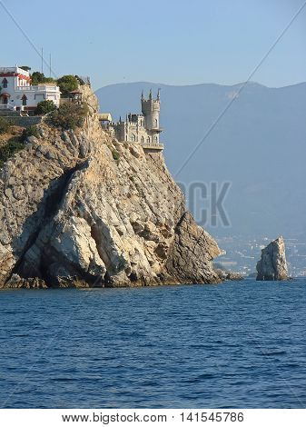 Crimea. Cape Ai-Todor. Castle "Swallow's nest" on a rock high above the sea.