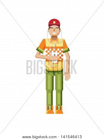 Stock vector illustration isolated of European man with dark hair, huge smile in red cap, man with smartphone in hand, man listen music from phone, T-shirt in flat style on white background