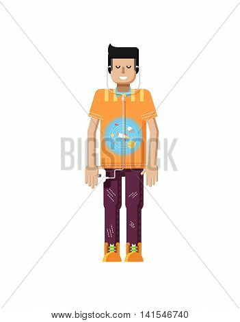 Stock vector illustration isolated of European man with dark hair, man with smartphone in hand, man listen music from phone, T-shirt with space system and rocket in flat style on white background