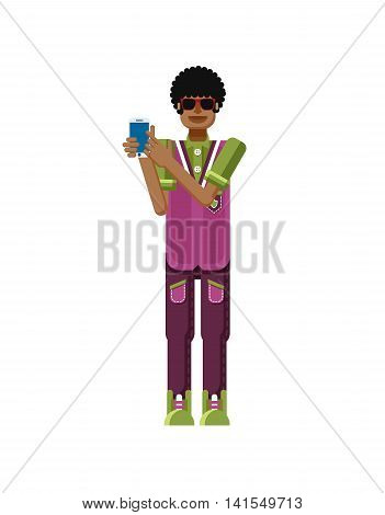 Stock vector illustration isolated of African American man dark hair, touch screen smartphone by hand, man shows screen of phone, sportsman, athletic T-shirt, sweatpants, flat style, white background