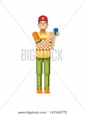 Stock vector illustration isolated of European man with dark hair, huge smile in red cap, man touch screen smartphone by hand, man shows screen of phone, T-shirt in flat style on white background