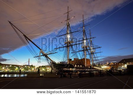 The USS Constitution docked in Charleston harbor