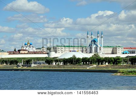 Kazan, Tatarstan, Russia - August 5, 2016. Kazan Kremlin. Kazanka River. At the foot of the hill of the Kazan State Circus building, the inscription on the top of the building, 