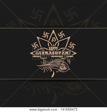 Krishna Janmashtami logo design on black background. Greeting card for celebrating Krishna's birthday. Vector illustration