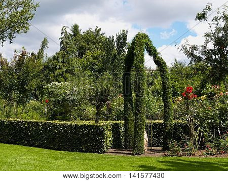 Traditional beautiful landscaped lush green blooming English garden in summer