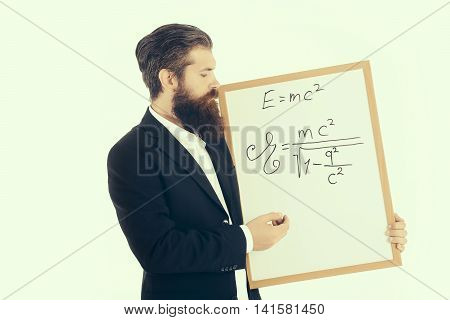 Bearded Man With Einstein Formula And Newtons Law