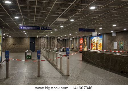 MUNICH, GERMANY - AUGUST 29, 2015: The metro station at Karlsplatz (Stachus) in Munich was closed due to an unknown reason and barrier tape of the police is blocking the entrance
