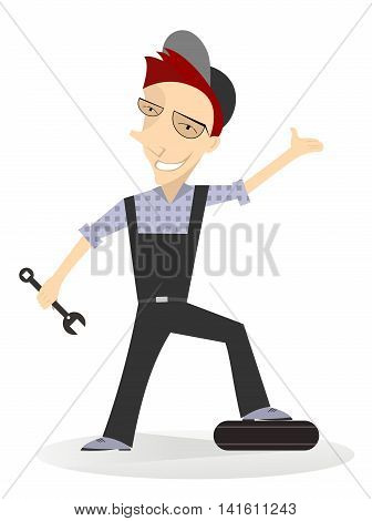 Mechanic. Cartoon mechanic staying the car wheel holds a  spanner in his hand