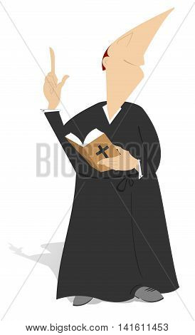 The priest. The priest is holding a prayer book and preaching