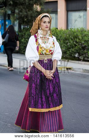 QUARTU S.E. ITALY - July 15 2016: 30 ^ Sciampitta - International festival of folklore - Sardinia - portrait of a beautiful girl in traditional Sardinian costume