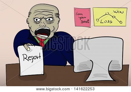 Illustrated angry boss holding report. Yeling (screaming) angry boss with paper in hand sitting behind the table with pictures on wall and computer. Cartoon style illustration.