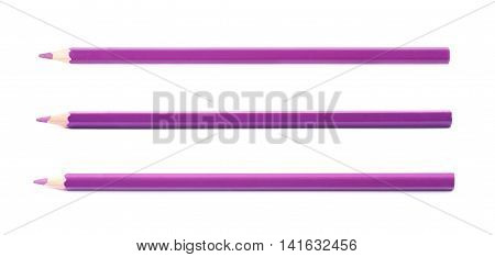 Single violet drawing pencil isolated over the white background, set of three different foreshortenings