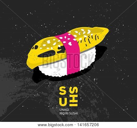 Vintage printable art sushi with fish. Vector japanese food print in pop art style. Design for t-shirt, card or picture for interior. Nigiri sushi unagi illustration in flat style.