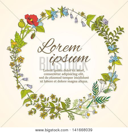 Floral frame with hand drawn wild flowers template for wedding invitation and greeting card. Flower frame template for card, wild flower wreath for wedding, vector illustration